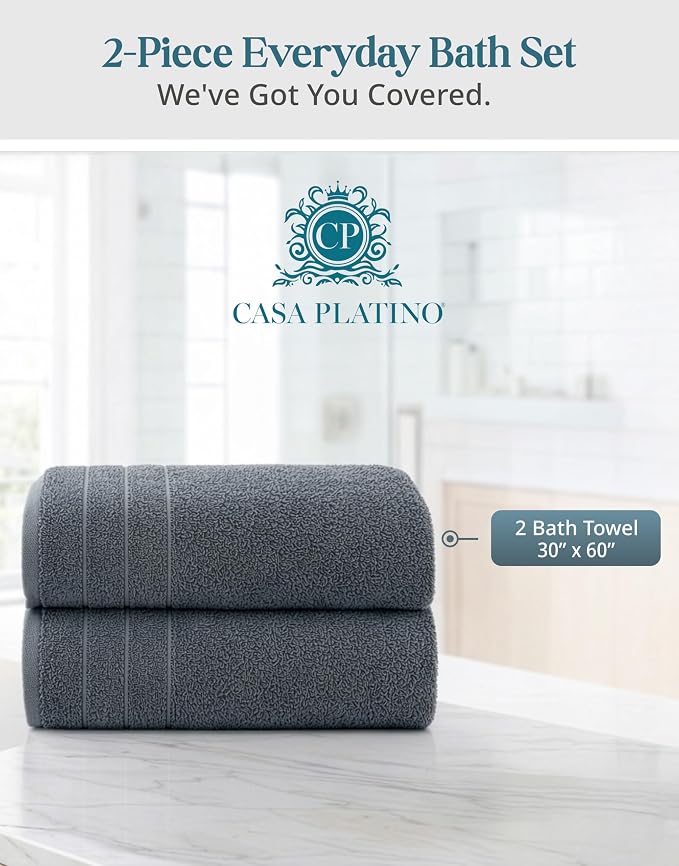 Casa Platino 100% Cotton 2 Pack Bath Towels Set (30"x60") - Ring Spun, Large Cotton Towels for Bathroom - Quick Dry, Soft & Absorbent Bath Towel Set - Remains Soft After Multiple Washes - Cool Grey