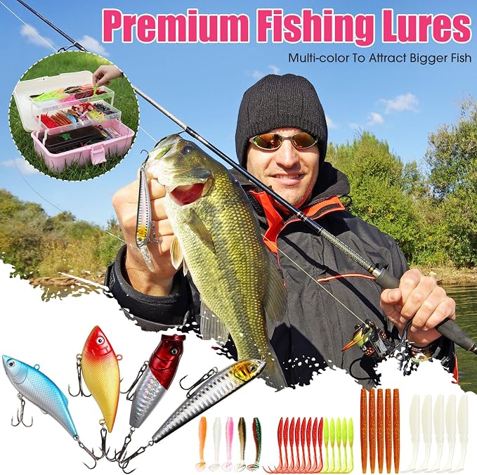 517 Pcs Large 3 Layers Tackle Box with Tackle Fishing Lures Kit Included Pliers, Fish Lip Gripper, Crankbait, Hooks, Other Accessories Fishing Kit for Men Gifts Summer Vacation(Pink White)