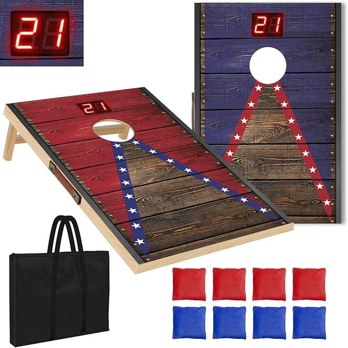 Electronic Cornhole Board Set 4x2ft 3x2ft 2x1ft, Automatic Scoring Corn Hole Games for Adults & Kids, Wooden Portable Cornhole Set with 8 Bean Bags & Carrying Bag for Outdoor, Tailgate, Party
