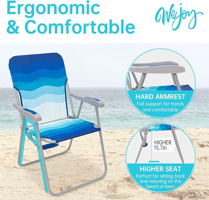 #WEJOY Folding Beach Chair for Adults, Lightweight Beach Chair with Shoulder Straps, High Back Camping Chairs with Hard Armrest, Supports 300lbs for Outdoor Lawn Concert