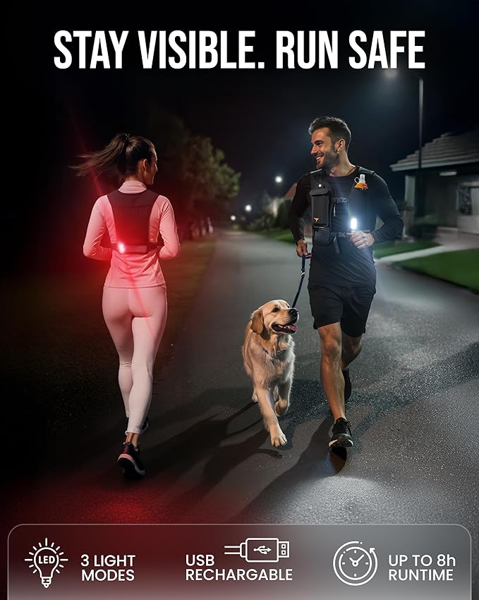Running Vest for Women Men-Reflective Running Hydration Vest with 500ml Soft Water Bottle, Phone Holder, 2 LED Lights USB Rechargeable-7 Pockets Runners Backpack Marathon