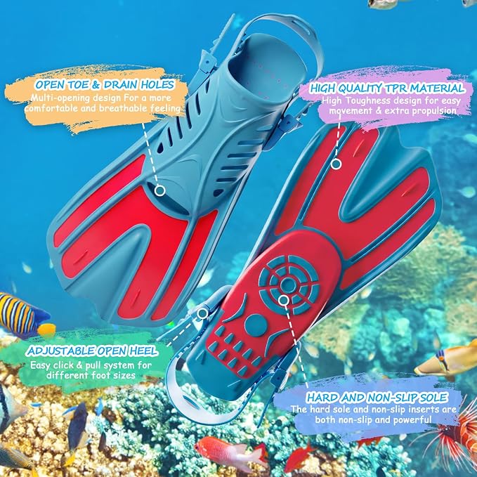 Snorkeling Gear for Kids, 4 in 1 Child Mask Fins Snorkel Set with Panoramic View Anti Fog Mask, Dry Top Snorkel, Trek Fins and Travel Bag, Kids Snorkeling Set with Fins for Snorkeling Swimming