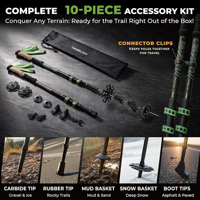 Trekology 3K Carbon Fiber Trekking Poles (210g) - Pair of Ultralight Hiking Poles with Cork Grips, Collapsible Telescopic Walking Sticks, Metal Flip-Locks & 10pc All-Terrain Accessory Kit