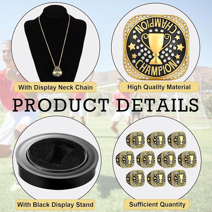 Highergo 20 Pcs Baseball Softball Basketball Football Champion Rings with Display Neck Chain and Stand Volleyball Soccer Cheer Trophy Rings Bulk for Tournament Award Gift