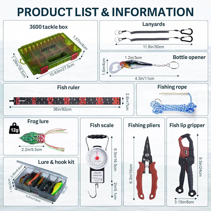 Goture Fishing Lures with Tackle Box and Fishing Tool Kit Set for Men Women, Include Fish plier, Fish Ruler, Fishing Gripper, Weigh Scale with Gift Box
