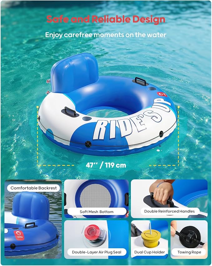 QPAU Inflatable River Tube, 0.4 mm Thickened Puncture-Resistant Heavy Duty River Float, River Raft with Ergonomic Backrest, Mesh Bottom & 2 Cup Holders for Family Friends Lake Float