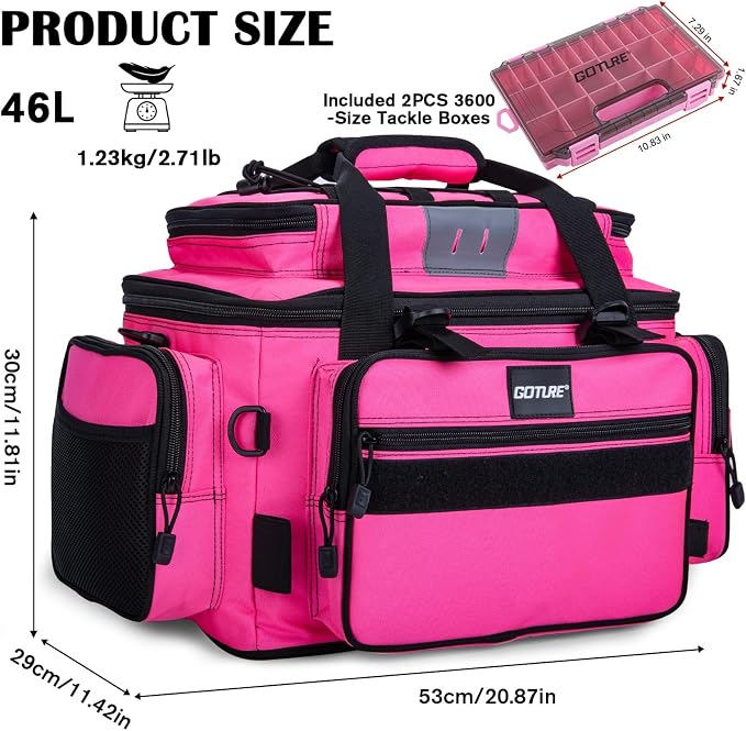 Goture Fishing Tackle Bag with 2PCS 3600 Tackle Boxes | 600D Water-Resistant, Rod Straps, Detachable Bottle Pouch,Waterproof Bottom, Freshwater & Saltwater Gear Storage Fishing Bag