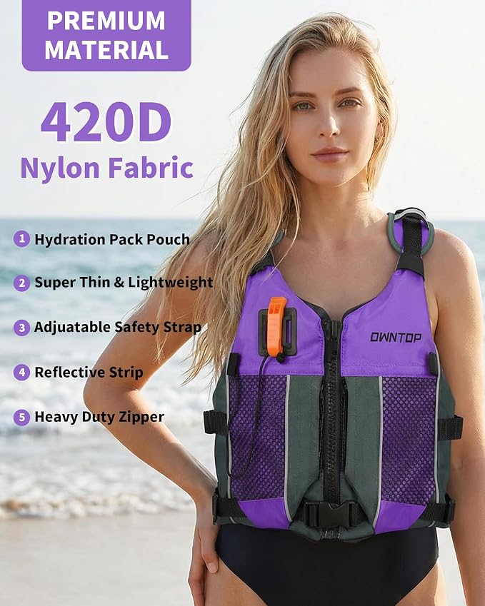 Owntop Swim Jacket Adult Youth | Hydration Pack | Dual Mesh Pockets | Attached Whistle | Ultra-Thin for Freer Movement | Kayak, Boating, Fishing, All Watersports