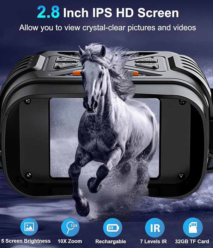 Night Vision Goggles, Hunting Binoculars for Adults, Rechargeable Thermal Binoculars with 10X Digital Zoom,7 IR Levels,32GB TF Card and HD Screen,Capable of Saving Photos Videos for Camping & Security