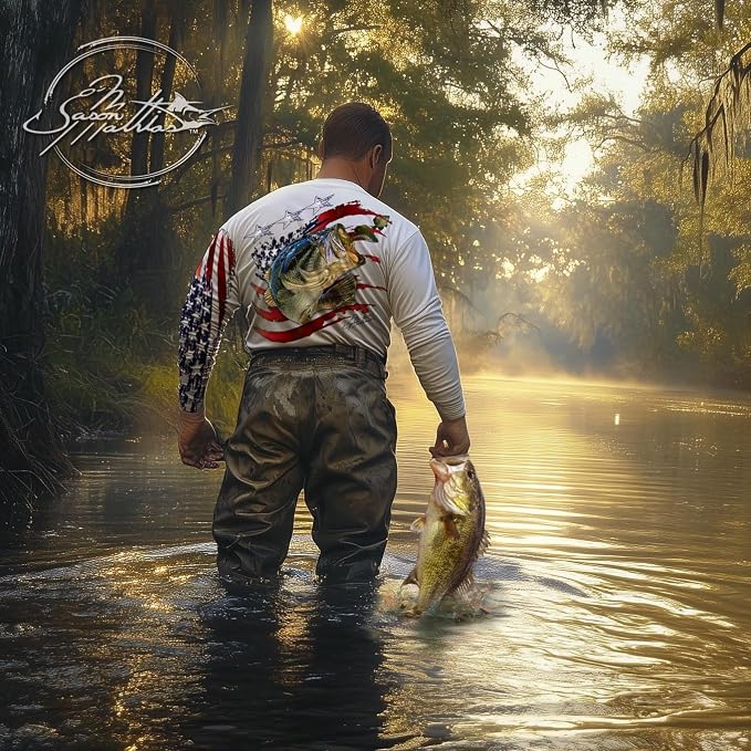 Men’s “American Flag Bass” Comfortable Fishing Shirt-UPF 50+ Interlocking Fabric, Quick-Dry, Ideal for Anglers (JM016)