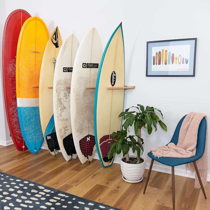 StoreYourBoard Vertical Timber Surfboard Wall Rack, Holds 6 Surfboards, Home and Garage Storage Mount System (Natural)