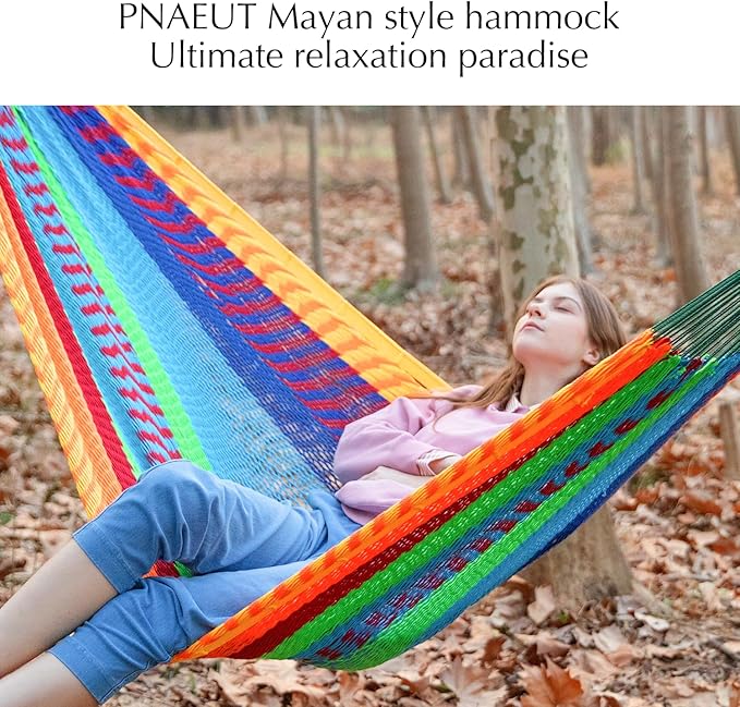 PNAEUT Handwoven Mayan Hammocks for Outside, Handwoven Thick Soft Rope Double Hammocks for Outdoor Indoor, Max 600 lbs Capacity, Tree Straps, Carabiners & Carrying Bag Included (Tropical, X-Large)