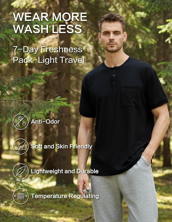 Merino Wool Crewneck T Shirts for Men for Athletic Running Workout, Lightweight Mens Moisture Wicking Shirts