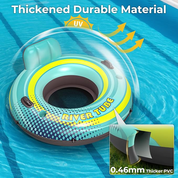 2 Pack 53" Heavy Duty River Tube Float for Adults,Inflatable River Raft Float for Pool Lake Beach with Built-in Cup Holders,Ergonomic Backrest,Durable Grip Handles & Grab Rope,360Lb Weight Capacity