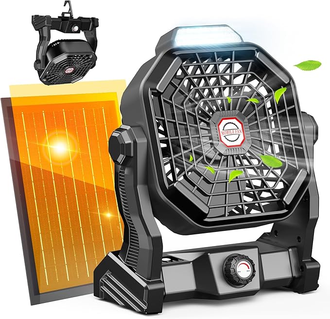 Solar Powered Fan,【Max 60H Runtime】Rechargeable Solar Camping Fans & Led Lantern,8-inch Portable Fan with Solar Panel,Battery Operated Powered Outdoor Tent Fans for Camping Essentials Accessories