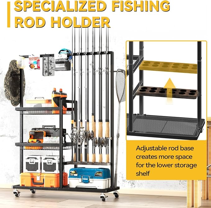 SOYEEZE Fishing Rod Holders for Garage, Fishing Pole Rack-360 Degree Rotating, Floor Stand Fishing Rod Storage Holds Up to 12 Rods, Space-Saving Pole Organizer with Unique Hook & Basket Design