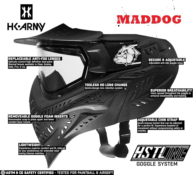 Maddog HK Army HSTL Paintball Airsoft Mask Goggle System | Replaceable Thermal Dual-Pane Anti Fog Lens | Adjustable Full-Face Safety Certified Protection