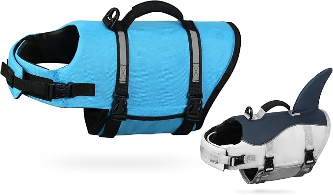 AMZNOVA Shark Dog Life Jacket + Rip Stop Dog Life Jacket, Durable Handle Reflective Buoyance