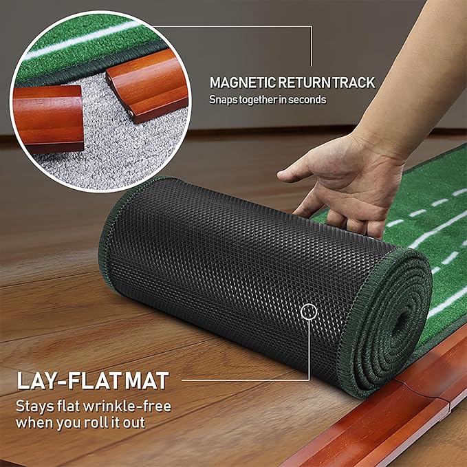 Golf Putting Mat fot Indoor, Wood Putting Green Indoor & Outdoor Training Equipment with Ball Return 8ft Practice Putting Mat, Wrinkle-Free Natural Rubber Mat, Golf Accessories for Men