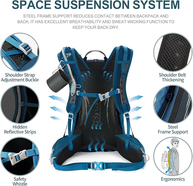 IX INOXTO Hiking Backpack, 26L/40L Waterproof Hiking Daypack with 3L Water Bladder and Rain Cover, Lightweight Travel Camping Backpack for Men Women (Blue)