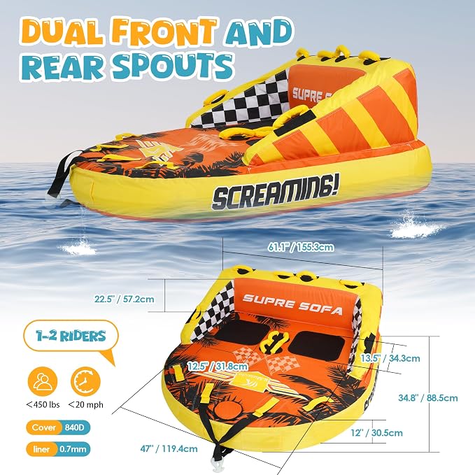 Towable Tubes for Boating - 2-3 Person Shark Battle Tank, Boat Tubes & Towables, EVA Foam Pads, Drainage, Super Safe Handle, Quick Connector