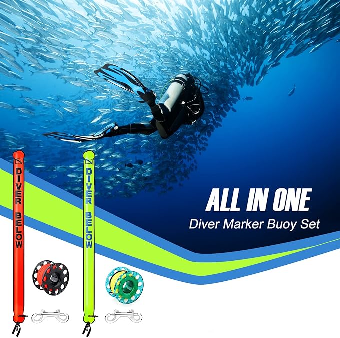 Surface Marker Buoy Set, 6ft Hi-Visibility Inflatable Closed Bottom Signal Tube Safety Sausage with 100ft/30m ABS Finger Spool Reel and Snap Kit for Underwater Scuba Diving