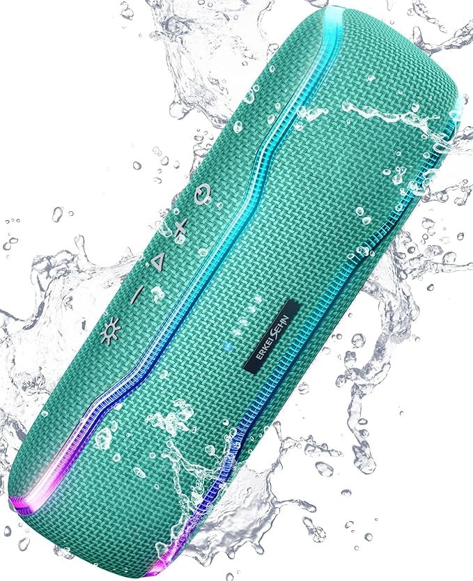 ERKEI SEHN Bluetooth Speaker, IPX7 Waterproof Wireless Speakers, Flashing Light, 25W Super Bass, 24H Playtime, Graduation Birthday Gifts for Him, TWS Pairing, Beach Essentials, Grass Green