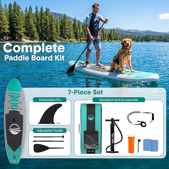 SereneLife 10’6" Inflatable Stand Up Paddle Board with Premium SUP Accessories - Wide Stable Design with Non-Slip EVA Deck Pad, for Youth and Adults, 350 lbs. Capacity