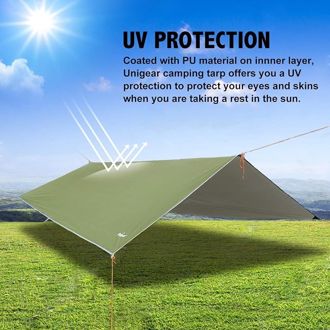 Unigear Hammock Rain Fly, 16.5/14.4/13.1/9.8ft Camping Tarp, UV Protection & Waterproof & Lightweight for Camping, Backpacking and Outdoor Adventure (Green, 14.4 * 14.4ft)
