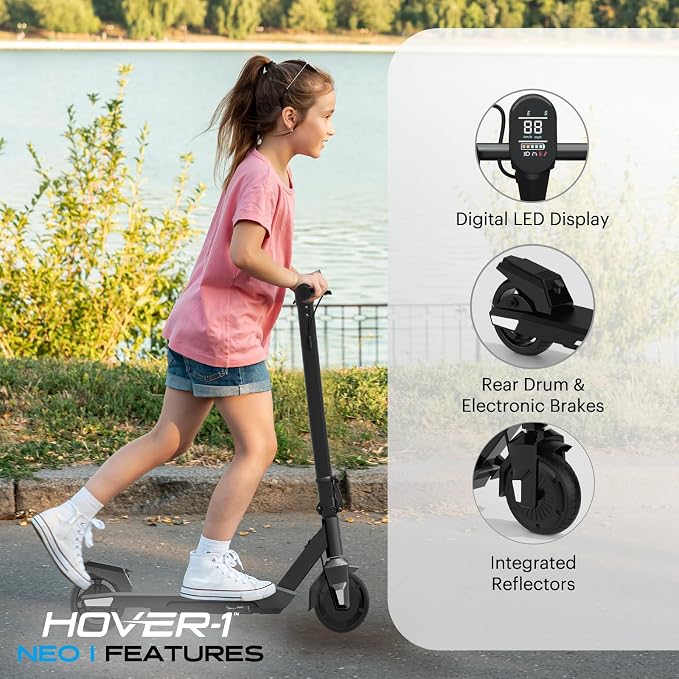 Hover-1 Neo Family Foldable Electric Scooter with 300W/250W/200W Rated Brushless Motor, 16/14/12 mph Max Speed, 8.5"/6.5” Wheels, 10/7 Mile Range Commuting Scooter for Kids & Teens Aged 4 to 16