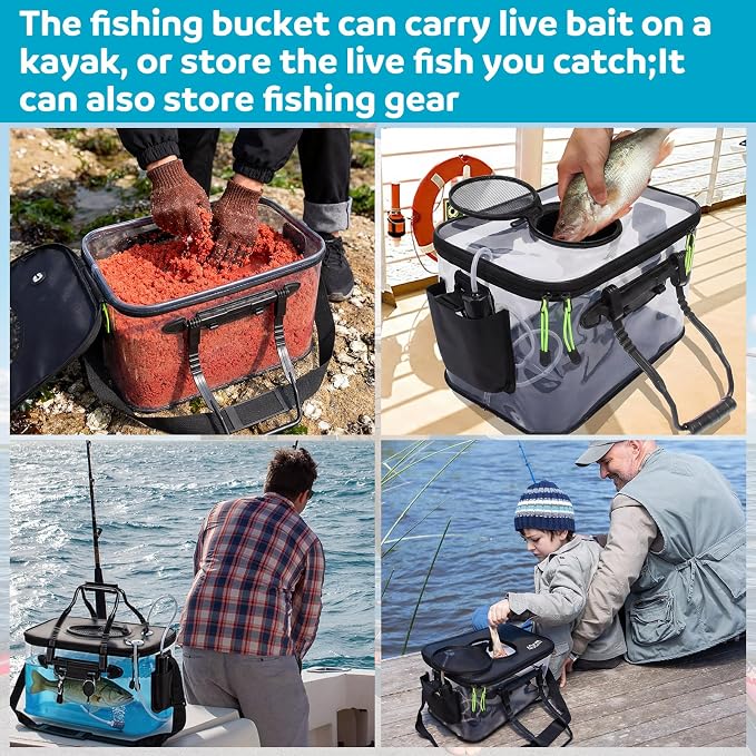 AceOrbit Foldable Transparent Fishing Bucket with Aerator Live Bait Bucket and Dual Outlet Air Pump, Heavy Duty EVA Collapsible Fish Basket for Kayak, Ice Fishing, Camping & Travel