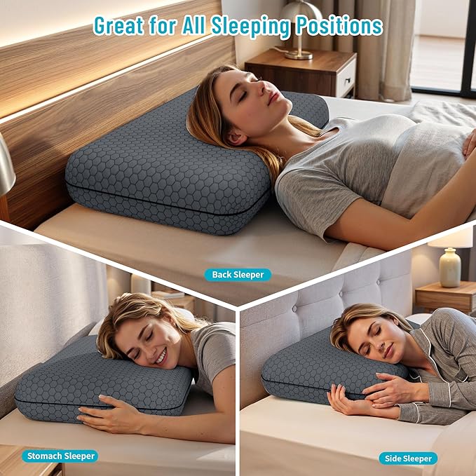 CushyOasis Memory Foam Pillows for Side, Back and Stomach Sleepers, Set of 2, Bed Pillow with Washable Cover and Breathable Mesh, Bed Pillow for Sleeping (Dark Grey，Queen Size)