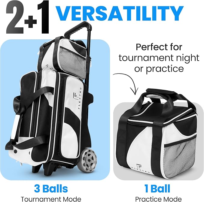 Flextro 3 Ball Bowling Bag with Wheels – 2+1 Modular Roller, 5-Inch Heavy-Duty Wheels, Zero-Wobble Aluminum Handle, Separate Shoe Compartment, Fits Men & Women