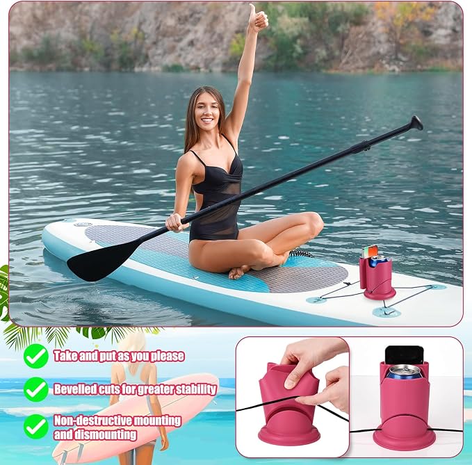 2 Pcs Paddleboard Cup Holder 2-in-1 Paddle Board and Kayak Drink and Phone Holder Paddle Board Accessories for Surfboards, Canoes, Sups, Kayaks, Boats (Rose Red)