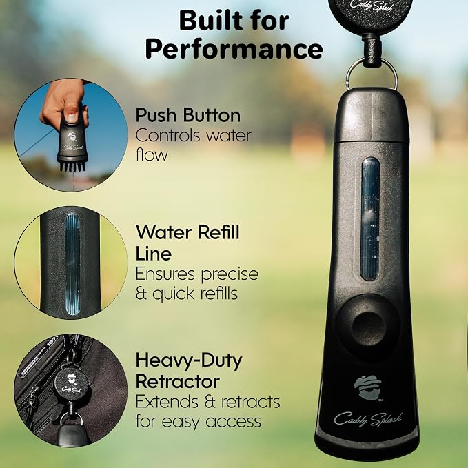 Caddy Splash Golf Club Brush Pro with Water- Heavy Duty Retractable Clip- Push Button for Easy Cleaning- Nylon Bristles- Holds 4 Oz- Golf Accessories for Men- Best Golf Gift - USA Company (Black)
