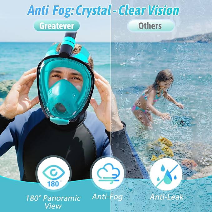 Greatever G2 Adults Kids Full Face Snorkel Mask 2 Pcs,Snorkeling Gear with Latest Dry Top System,Foldable 180 Degree Panoramic View,Safe Breathing,Anti-Leak&Anti-Fog Snorkeling Mask with Camera Mount
