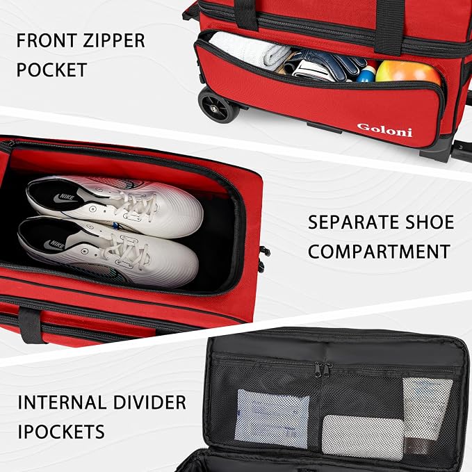 Goloni Double Roller 2 Ball Bowling Bag with Separate Shoe Compartment,2 Ball Bowling Bag with Wheels,Retractable Handle Extends to 40"