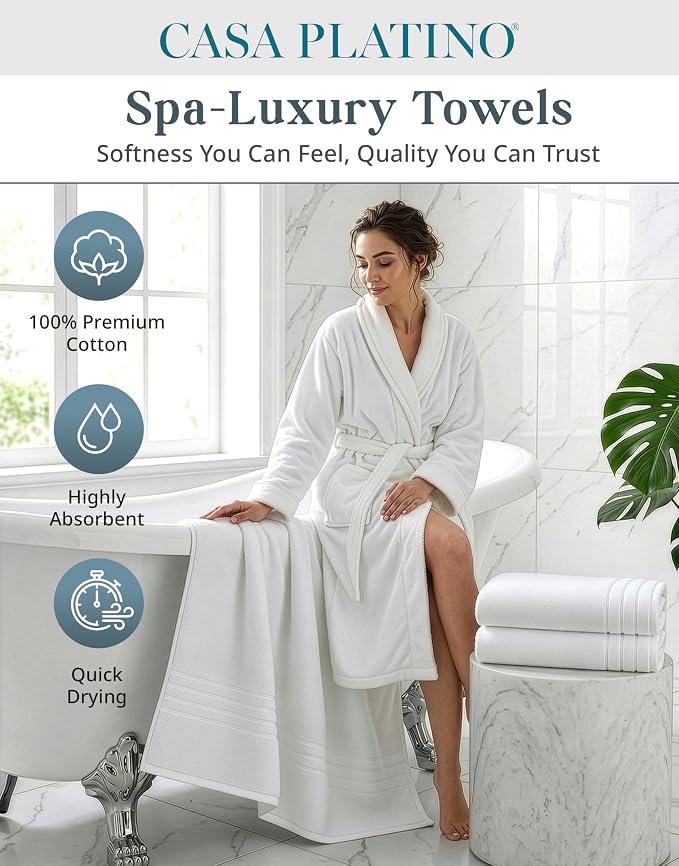 Casa Platino 100% Cotton 2 Pack Bath Towels (30"x60") - Ring Spun Cotton - Large Towels for Bathroom - Quick Drying, Highly Soft & Absorbent Shower Towel Set - Hotel & Spa Quality - White Towel Set