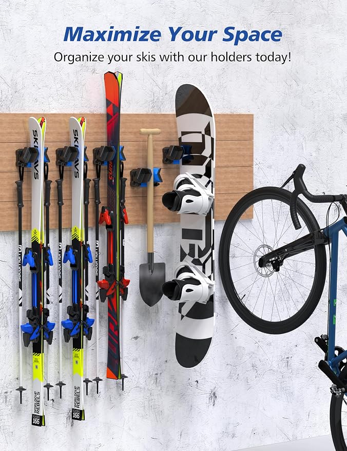 Skifavs Ski & Snowboard Wall Rack, Ski Wall Mount & Ski Rack Wall Mount for Garage Space-Saving, Winter Gear Organizer, Fits Any Ski or Snowboard, Nonslip Ski Holders, Garage Organization, 6 Pack