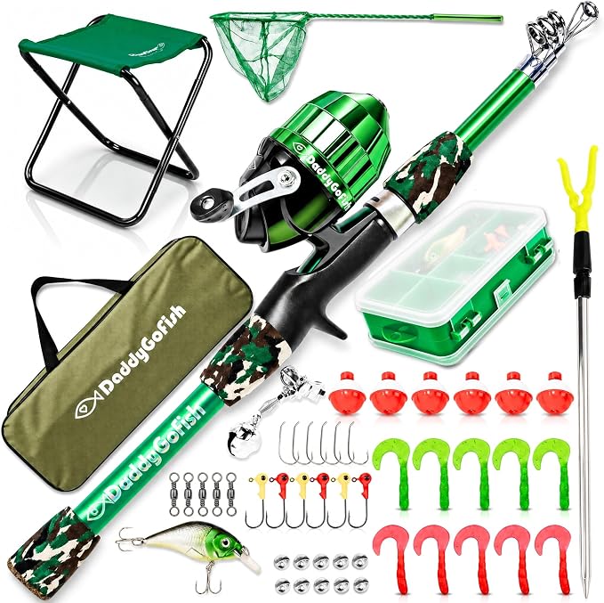 DaddyGoFish Kids Fishing Pole - Rod Reel Combo Tackle Box Starter Set - First Year Small Dock Gear Kit for Boys Girls Toddler Youth Age Beginner Little Children Junior Anglers