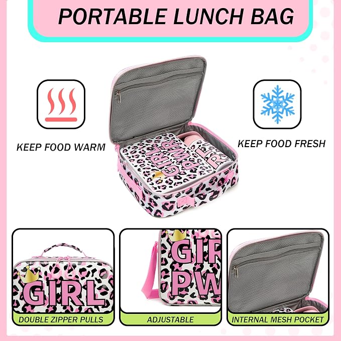 Kids Bento Lunch Box with 6 Compartments Girls Lunch Box with Lunch Bag,Leopard Print Stainless Steel Water Bottle,Ice Pack & Utensils Set,Birthday Gifts for Ages 3-12 Back to School Toddler Girls