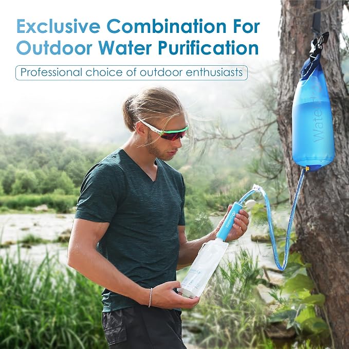 Waterdrop Water Filter Straw 3 Pack with Gravity Water Bag, Gravity Water Filtration System, Water Purifier Survival for Travel, Backpacking, 1.5 gal Bag, 0.1 Micron, 5 Stage Filtration