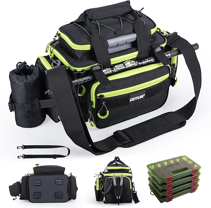 Goture Fishing Tackle Bag with 4 Tackle Boxes, Soft Side 600D Water-Resistant Cross Body Sling Fishing Bag with Rod Holder, Small Saltwater Gear Storage Tactical Bags, Gifts for Men/Women