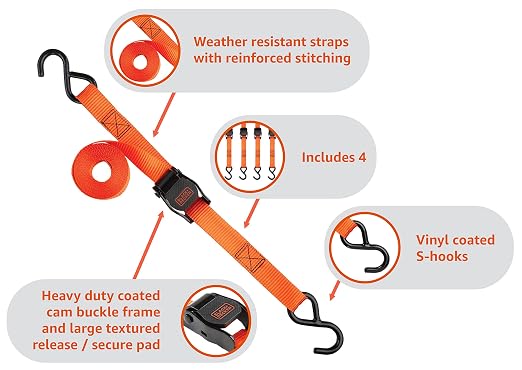 BLACK+DECKER 17-Piece Tow & Secure Tie Down Kit | 2" x 20' x 9,000 lbs Recovery Tow Strap with Clip Hooks, 1" x 10' Deluxe Cam-Buckle Straps, 24", 36", 48" Flat Bungee Straps