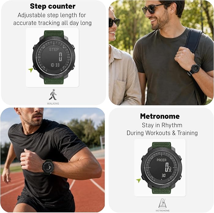 CakCity Digital Watch Military Tactical Watches for Men, 50mm Large Face Zinc Alloy Case with Breathable Double-Layer Nylon Strap, 5ATM Waterproof Shockproof, Altimeter, Barometer, Thermometer, Dual Time, Compass, Alarm, Stopwatch, Countdown