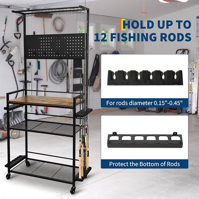 Fishing Rod Holders for Garage, Fishing Pole Holders Up to 12 Rods with Pegboard and Hooks, Rolling Fishing Cart with Wheels, Fishing Gear Storage For Tackle Box & Reel Organization