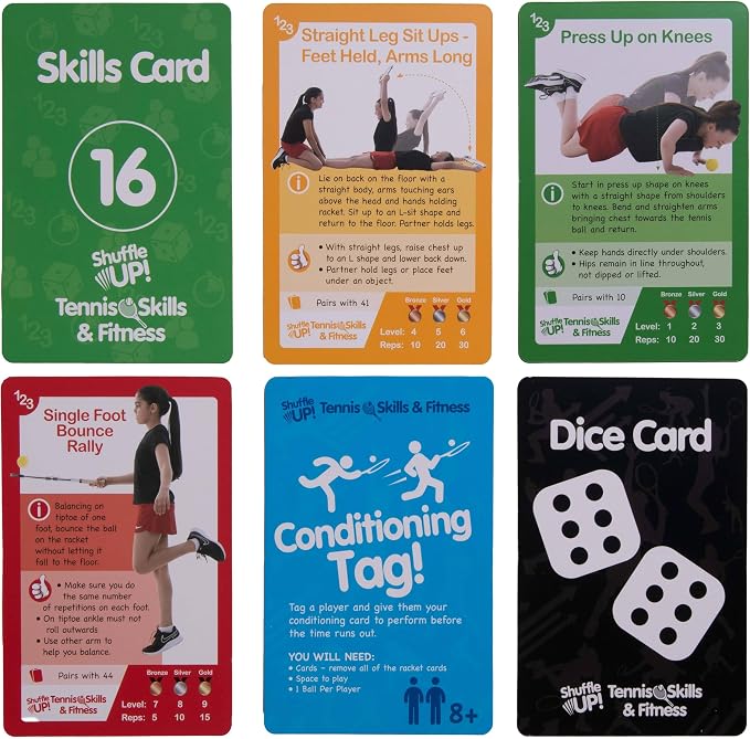 Shuffle Up Tennis Card Games - 70+ Fun & Active Skills Cards for Kids, Fitness Card Develop Fundamentals, Stamina & Strength, Easy to Play for Kids | Multiple Skill Level Cards Include 2 Dices