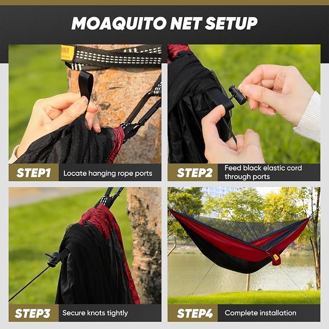 Camping Hammock with Mosquito Net, 500 lbs Portable Hammock with Tree Straps, 2-in-1 Double/Single Travel Hammock Tent for Outside/Indoor/Backpacking/Beach - Black & Red