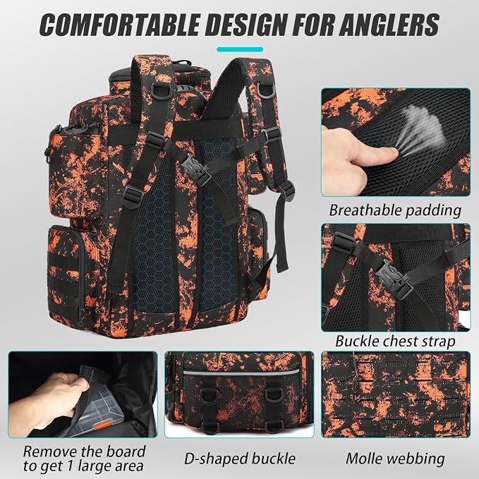 Tactical Fishing Tackle Backpack with Tackle Boxes, Rod Holders & Bottle Holder, 50 L Large Fishing Tackle Box Backpack with Cooler, Fishing Bag with Trays Store Gear & Equipment, Mars CM