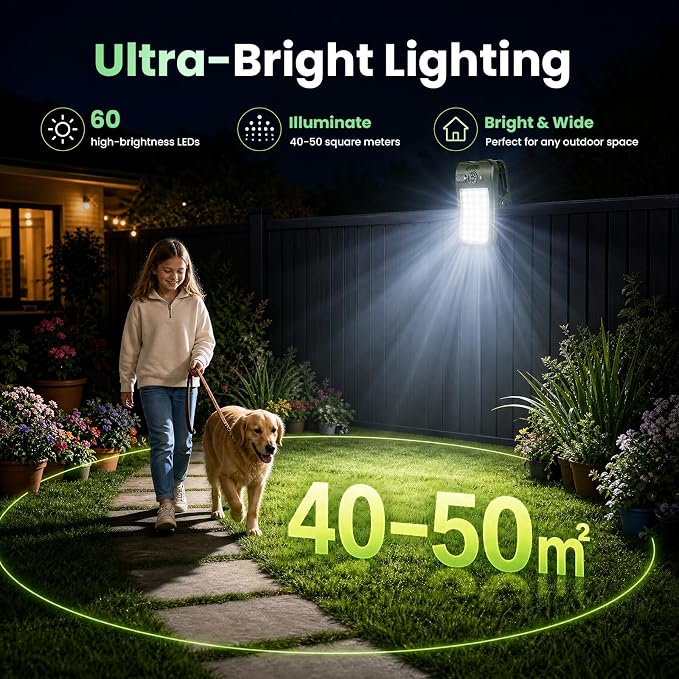 Clip on Solar Lights Outdoor, Portable Mini Solar Camping Light,Constant-on Light, Non-Motion-Sensing Mode,60LEDs 600LM Portable Security Light for Fence Waterproof, Deck, Yard, Camping, USB Charging